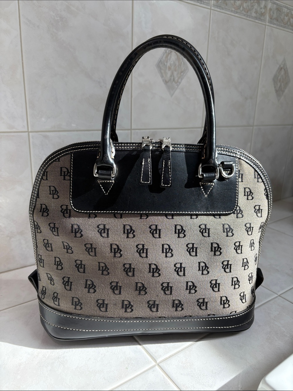 Dooney & Bourke Vintage Brown and Black DB Logo Satchel with Made in USA Bottom
